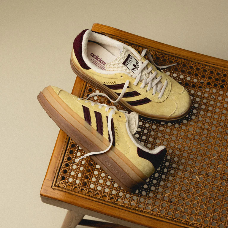 Adidas Gazelle Bold Almost Yellow Maroon on feet