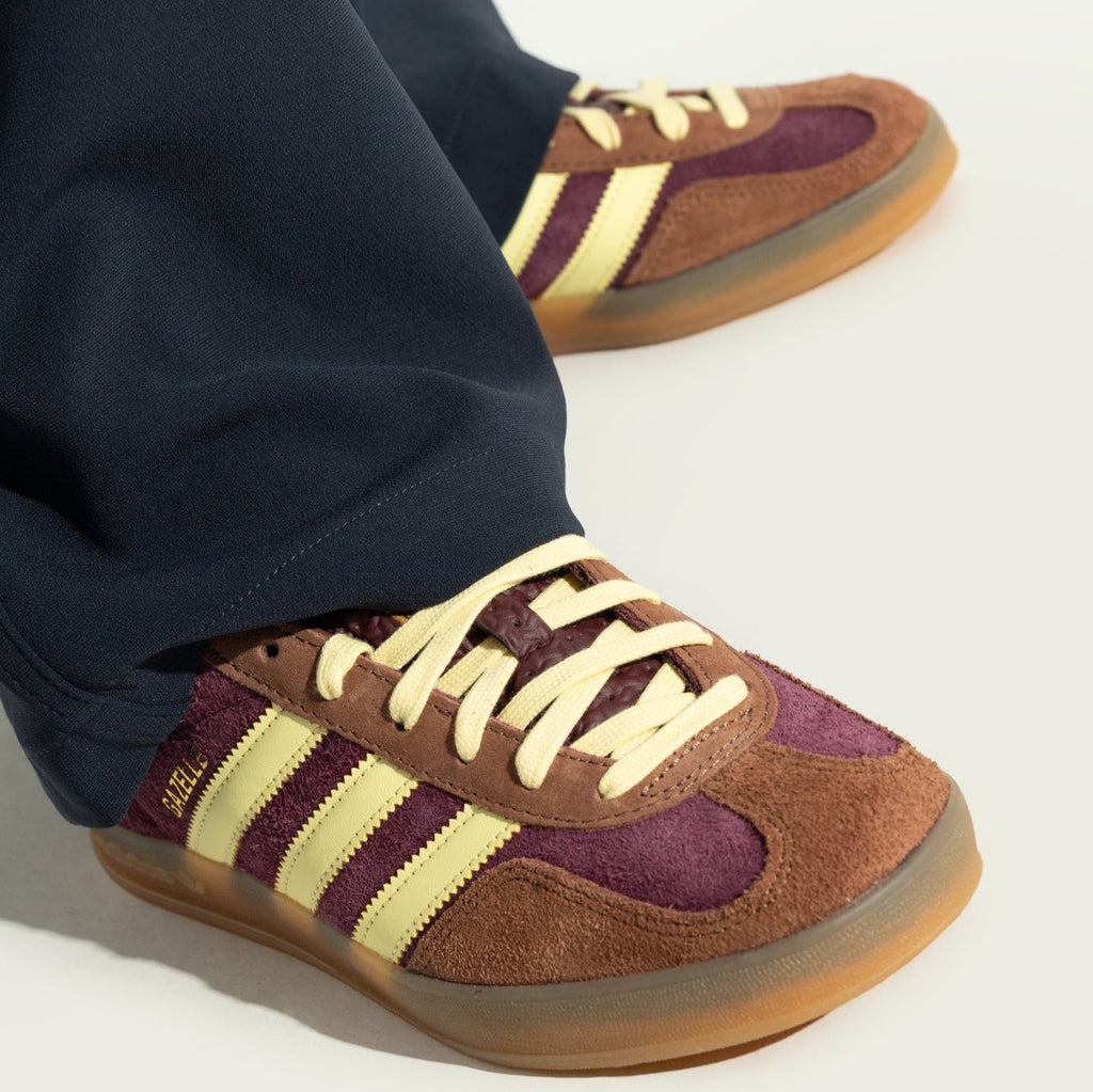 Adidas Gazelle Indoor Maroon Almost Yellow on feet