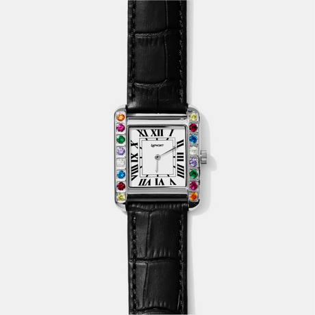 LAPHONT Gem Silver Black Strap relógio prateado E caixa com pedras zarcão multicoloridas