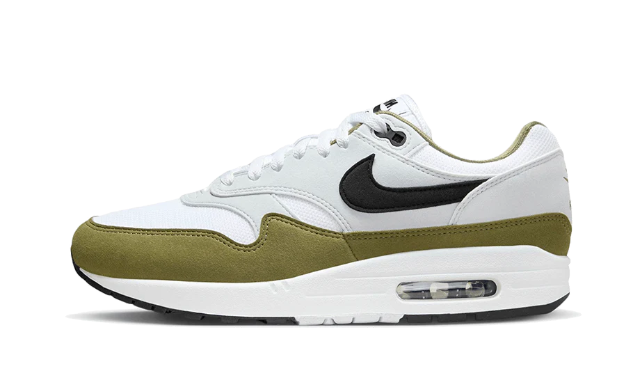 Nike Air Max 1 White Black Medium Olive lateral