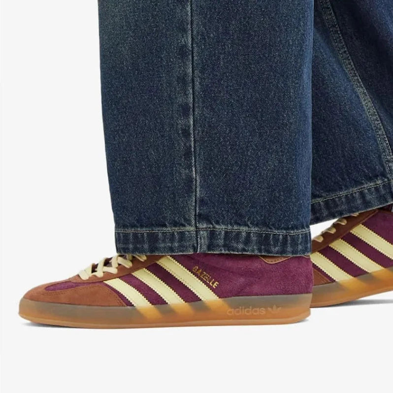 Adidas Gazelle Indoor Maroon Almost Yellow on feet