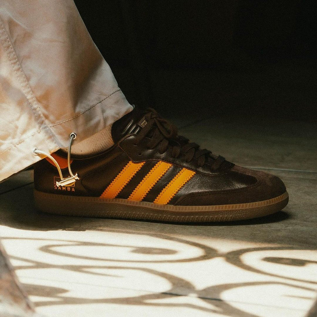 Adidas Samba OG Dark Brown Preloved Yellow - SKU: IG6174 on feet