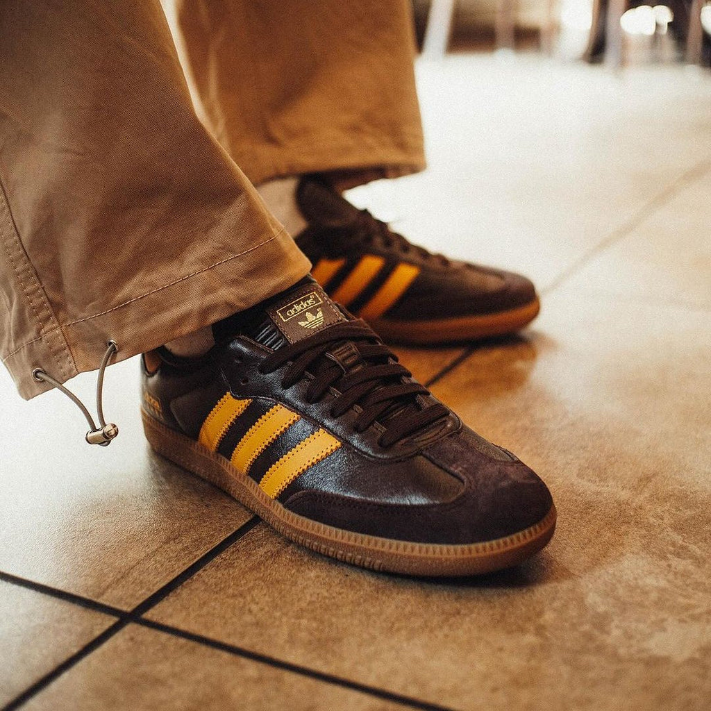 Adidas Samba OG Dark Brown Preloved Yellow - SKU: IG6174 on feet