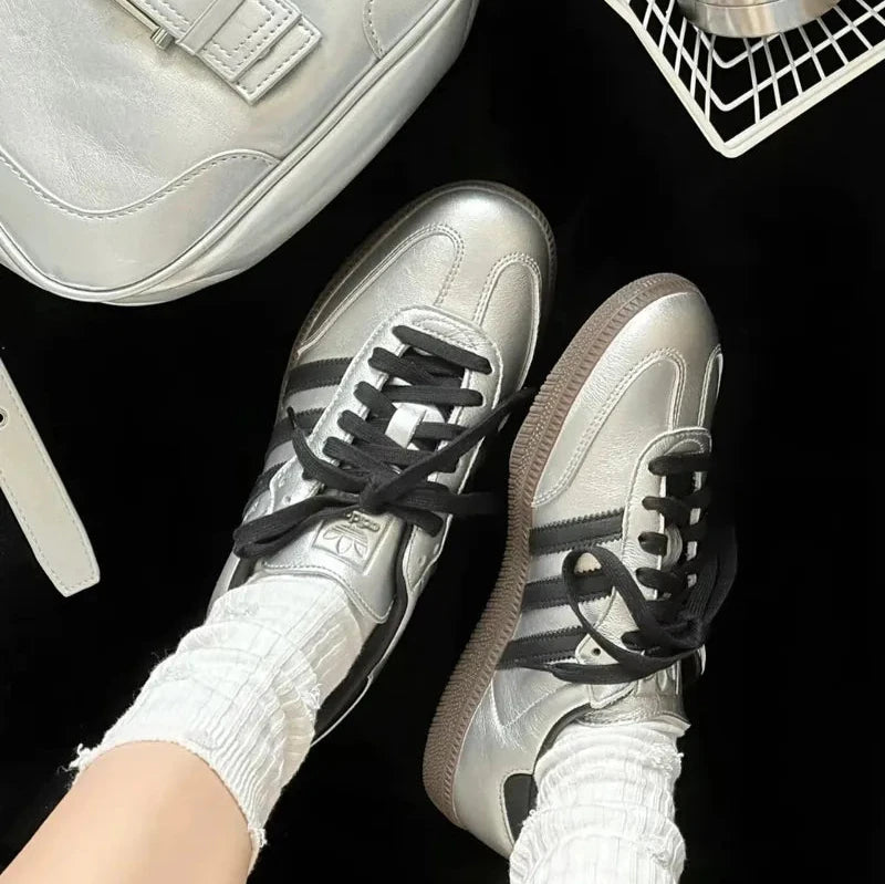 Adidas Samba OG Silver Metallic Black Gum - SKU: JI4218 on feet