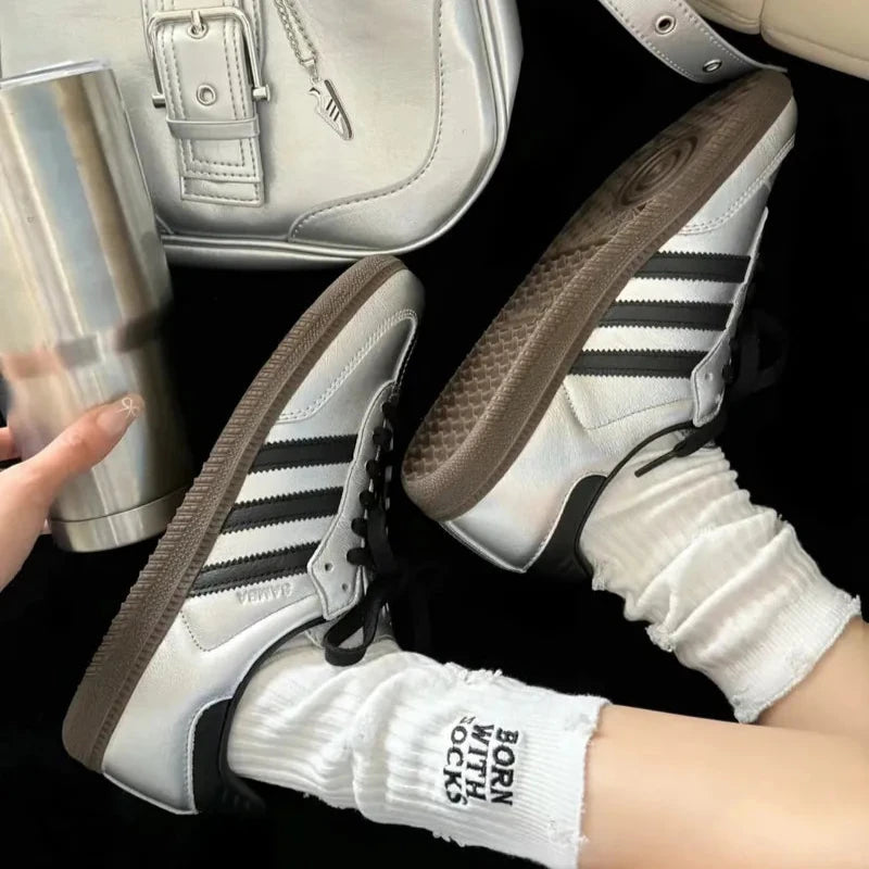 Adidas Samba OG Silver Metallic Black Gum - SKU: JI4218 on feet