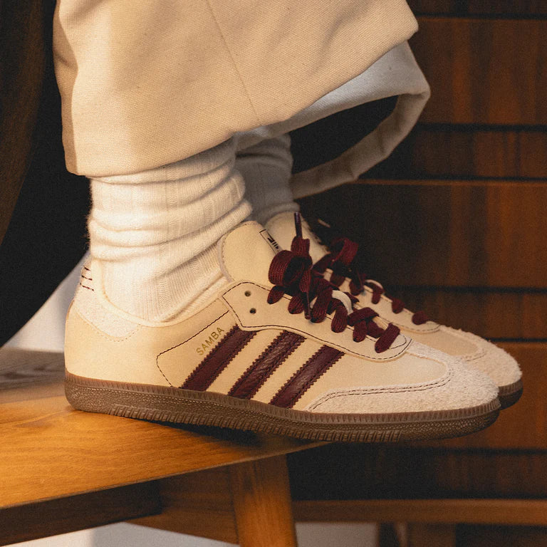 Adidas Samba OG Wonder White Maroon - SKU: IG1987 on feet