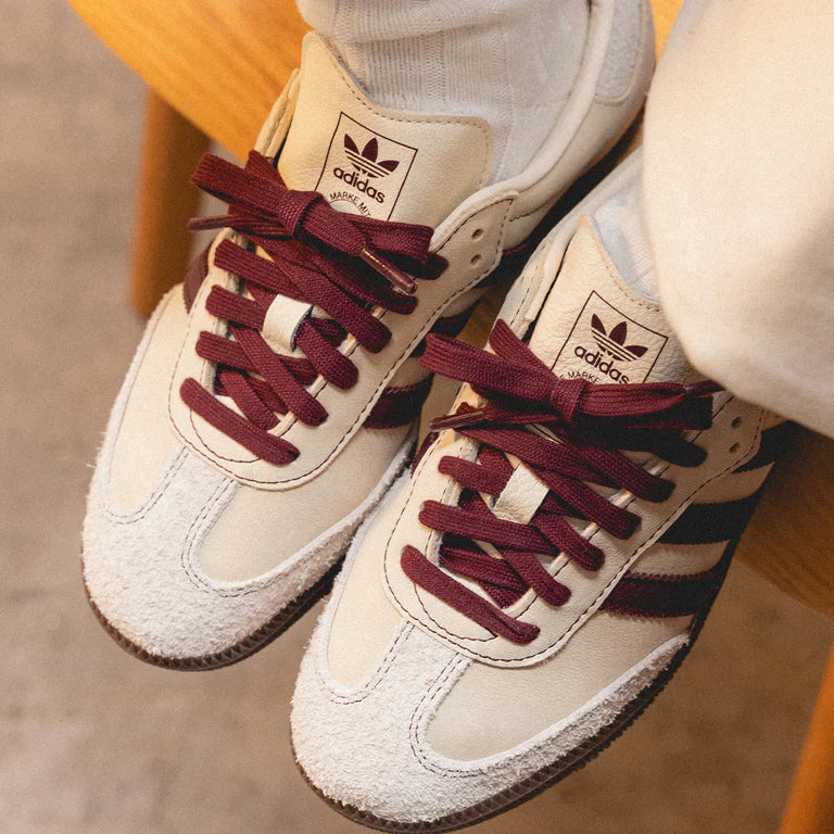 Adidas Samba OG Wonder White Maroon - SKU: IG1987 on feet