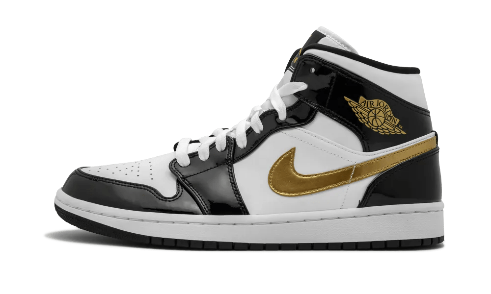 Air Jordan 1 Mid Patent Black White Gold 852542-007 – sneaker autêntico da CollectKicks