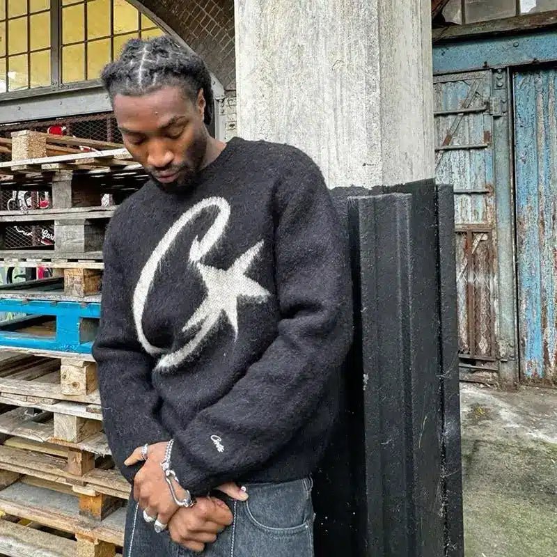 Corteiz C Star Mohair Knit Sweater Black | CollectKicks